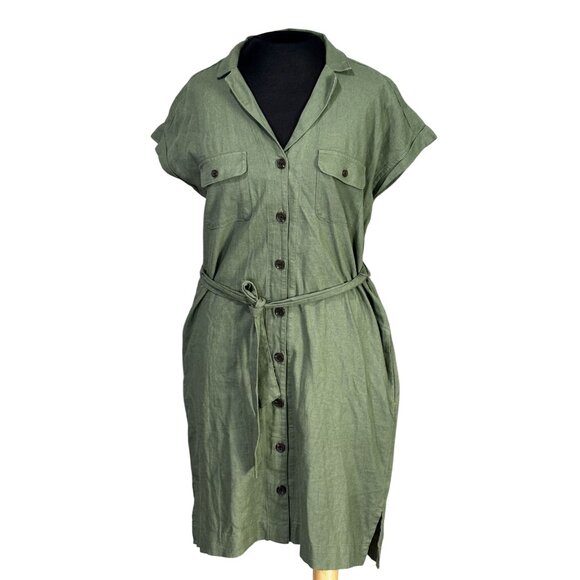 Old Navy Green Button-Up Belted Shirt Dress Short Sleeve Size S Linen Blend - Picture 1 of 10